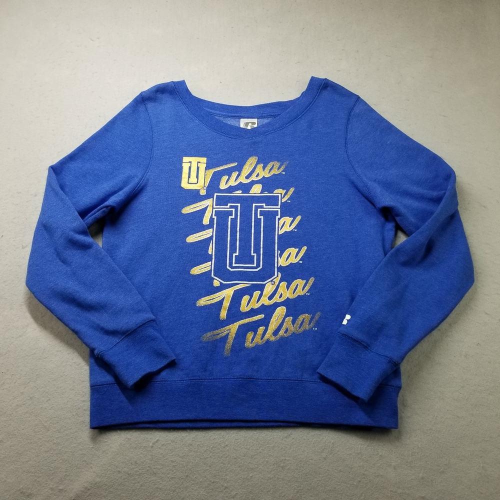 Tulsa Golden Hurricane Sweatshirt Size L 11/13 Junior Blue TU Russell Crewneck
